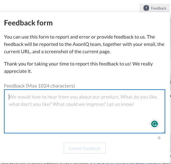 A screenshot of the feedback form. The form shows a title with 'Feedback form' label and a text area field in which the feedback can be written up to 1024 characters in length. Below the text area field there is a 'Submit Feedback' button