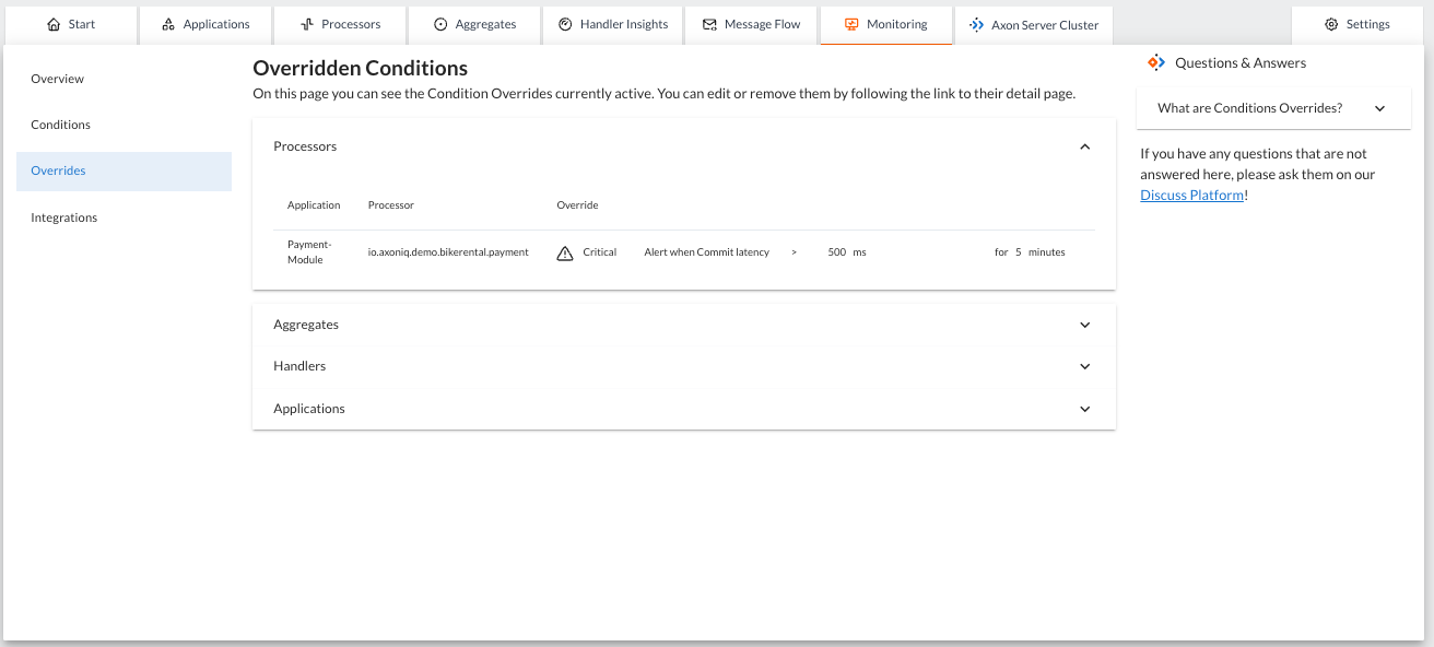 Screenshot of the overrides panel in the monitoring tab of the AxonIQ Console dashboard. The panel displays the conditions defined for a specific processor which override the environment conditions