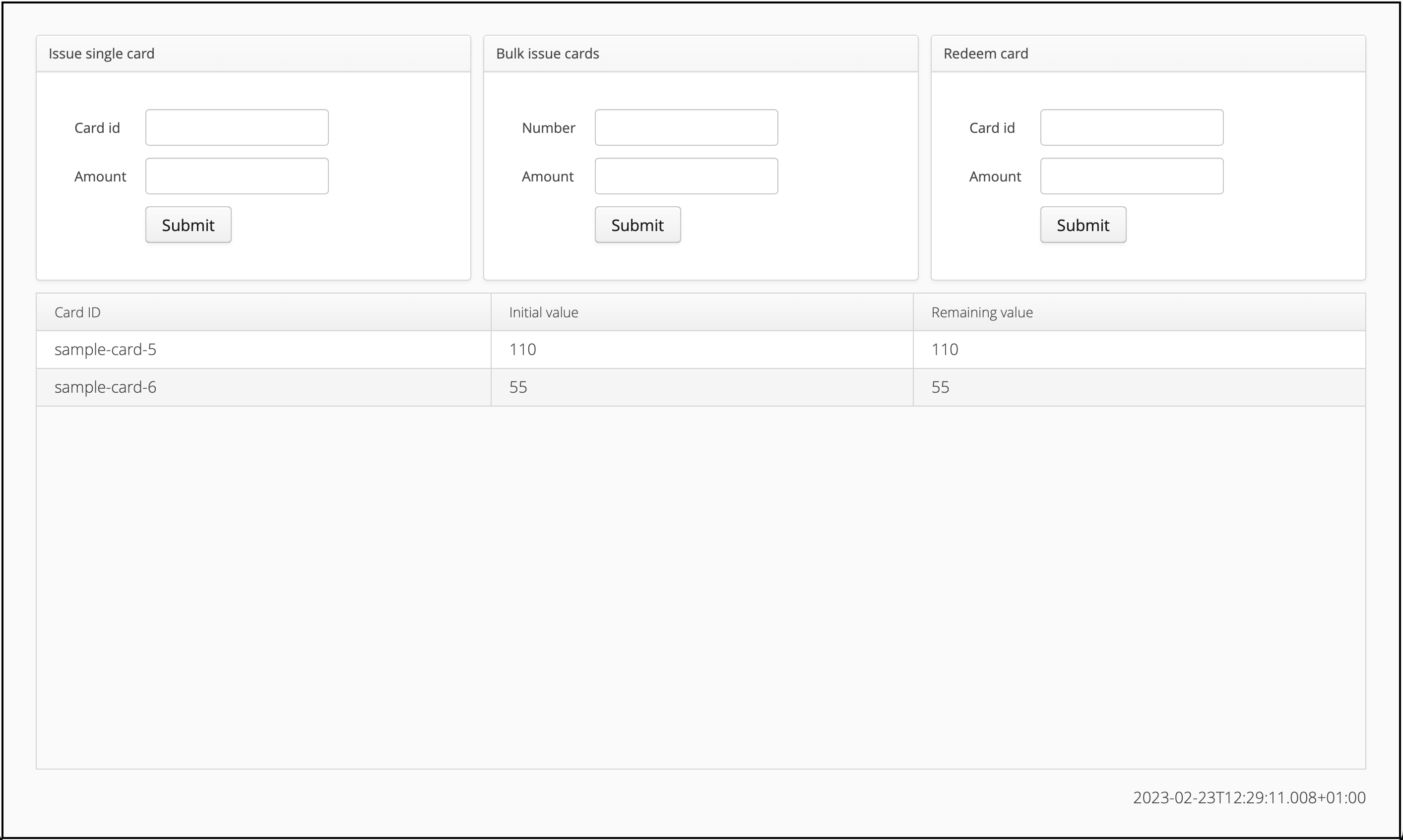 A screenshot of the Giftcard demo application UI