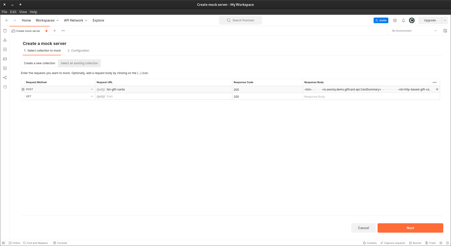 A screenshot of the first step of creating the query handling mock in the Postman