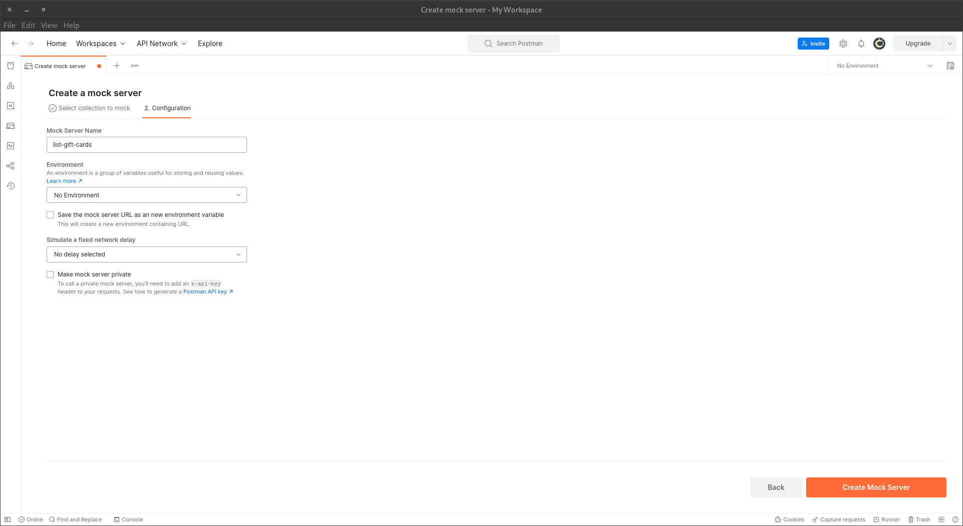 A screenshot of the second step of creating the query handling mock in the Postman