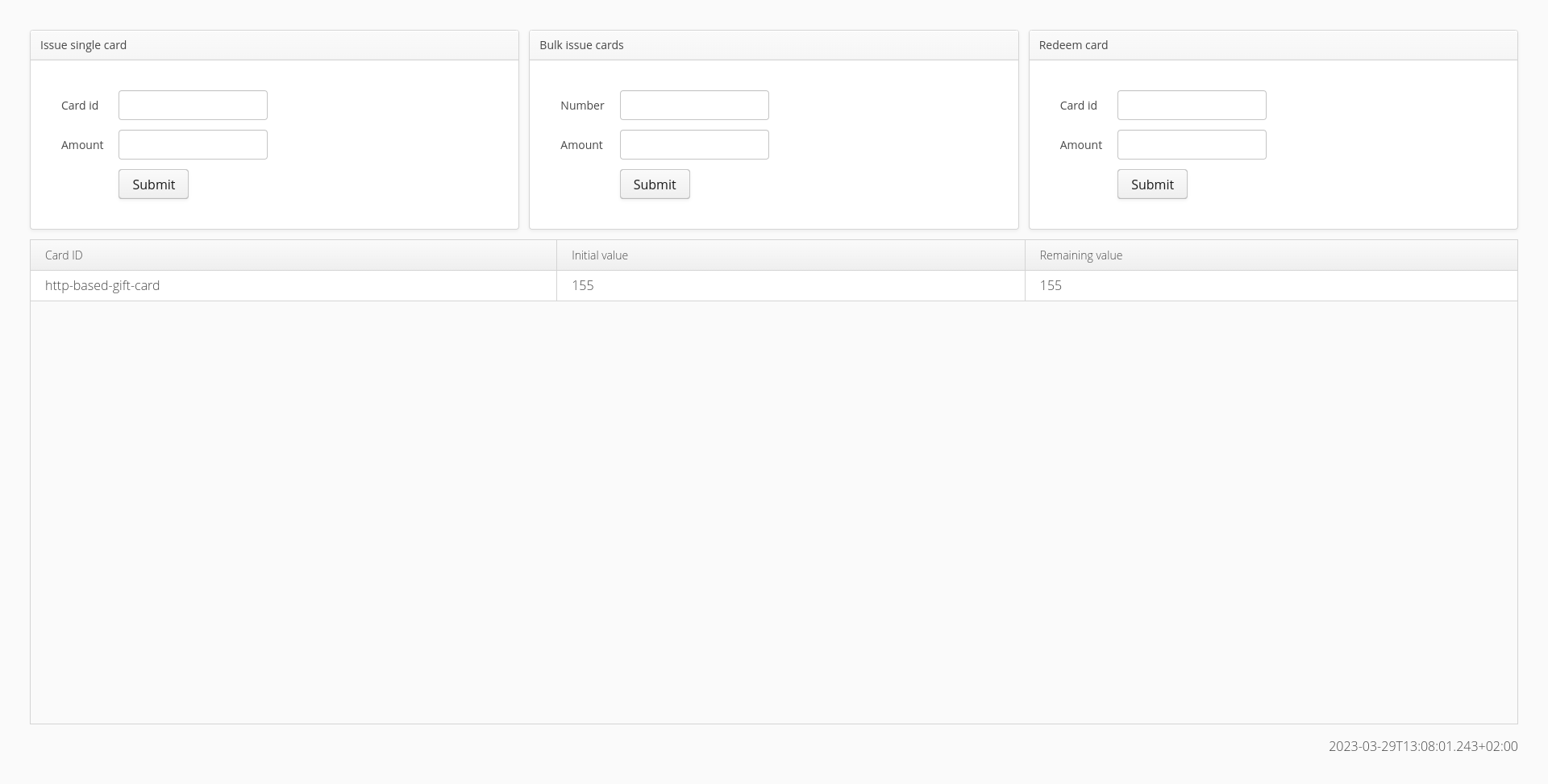 A screenshot of a query result returned by the Postman mock in the Giftcard demo application UI