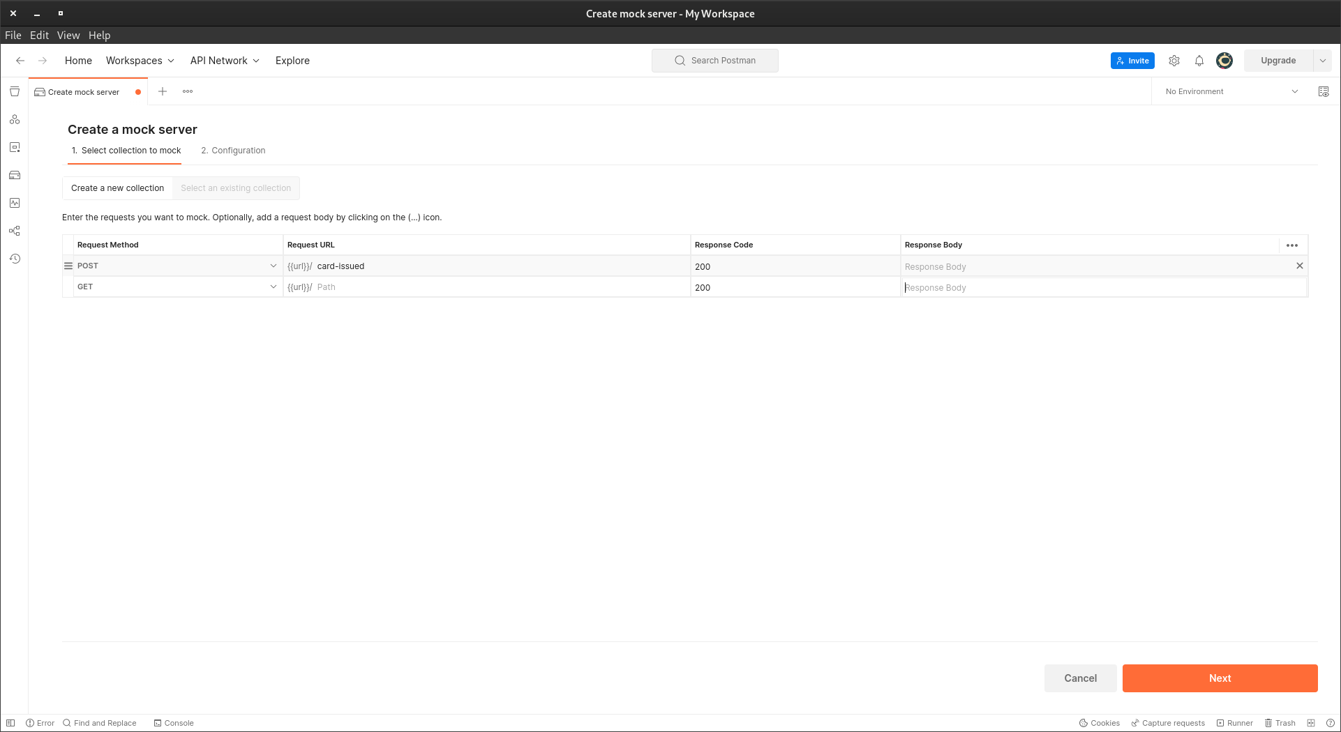 A screenshot of the first step of creating the event handling mock in the Postman
