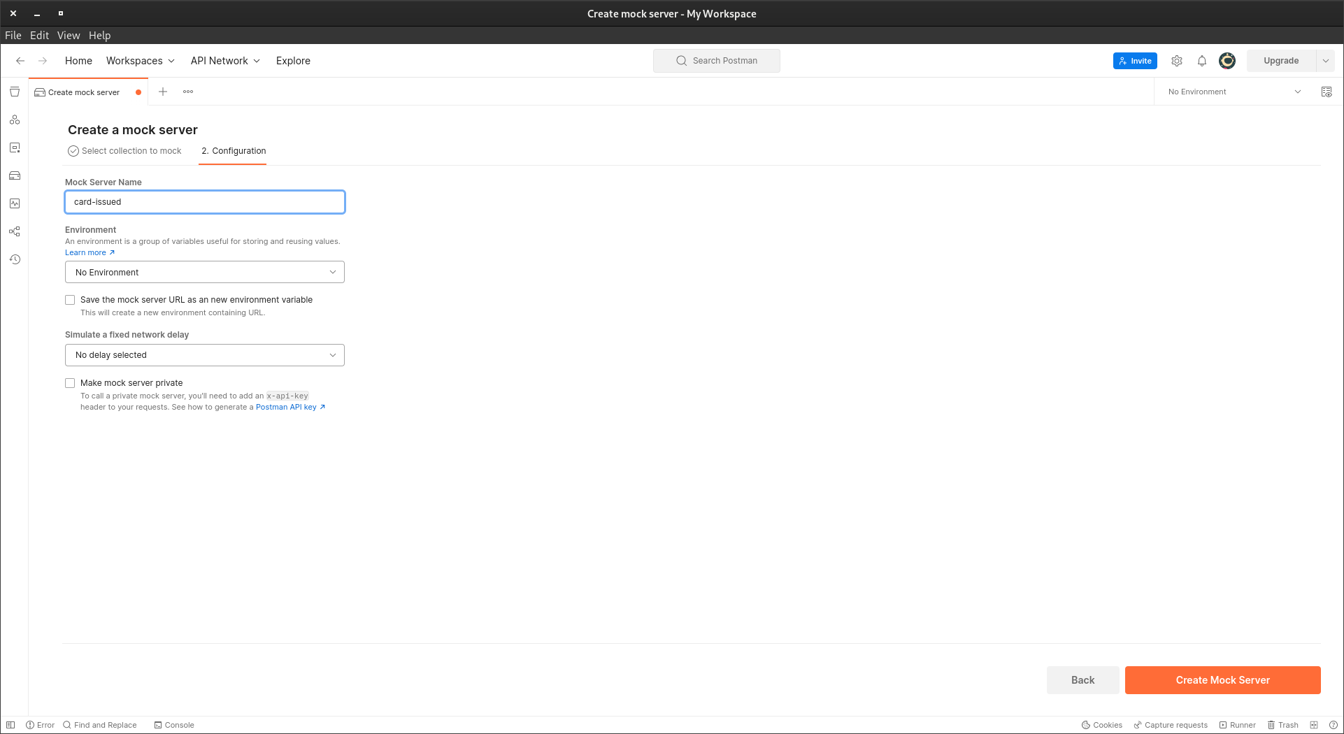 A screenshot of the second step of creating the event handling mock in the Postman