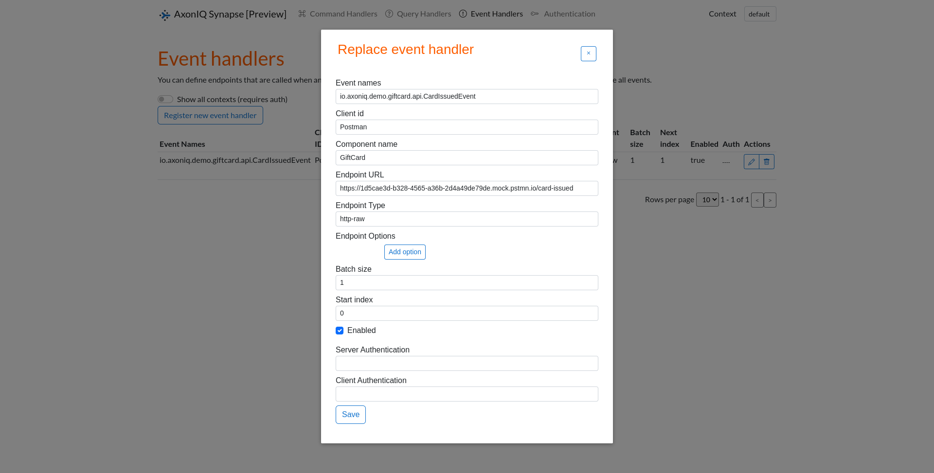 A screenshot of registering the event handling mock in the Synapse UI