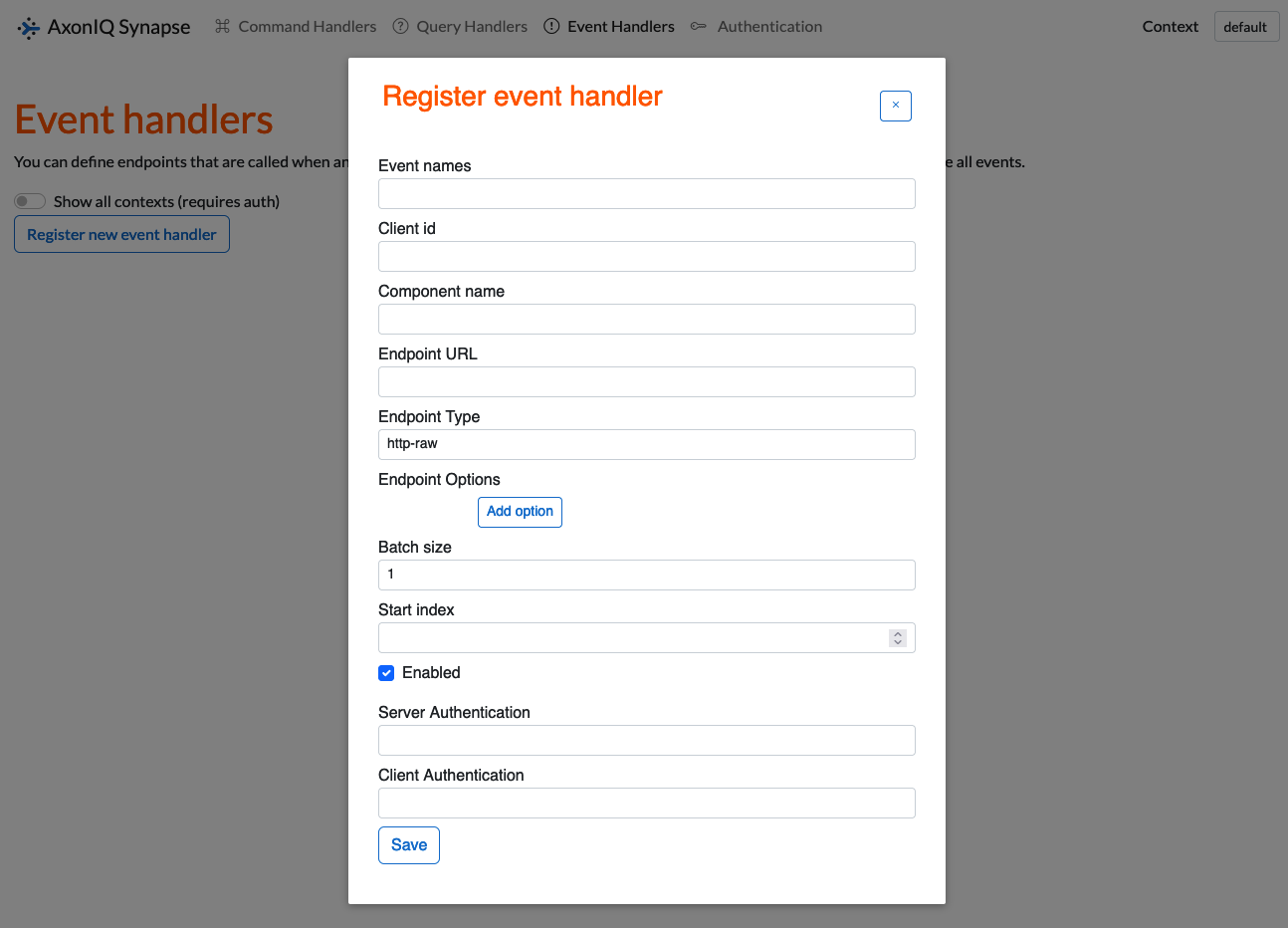 "Screenshot of the Axon Synapse UI for registering a new event handler