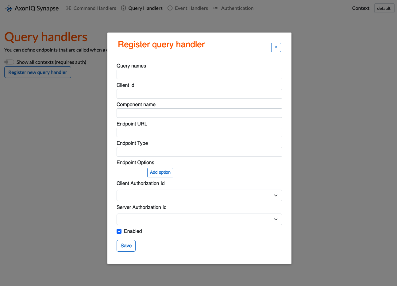 "Screenshot of the Axon Synapse UI for registering a new query handler